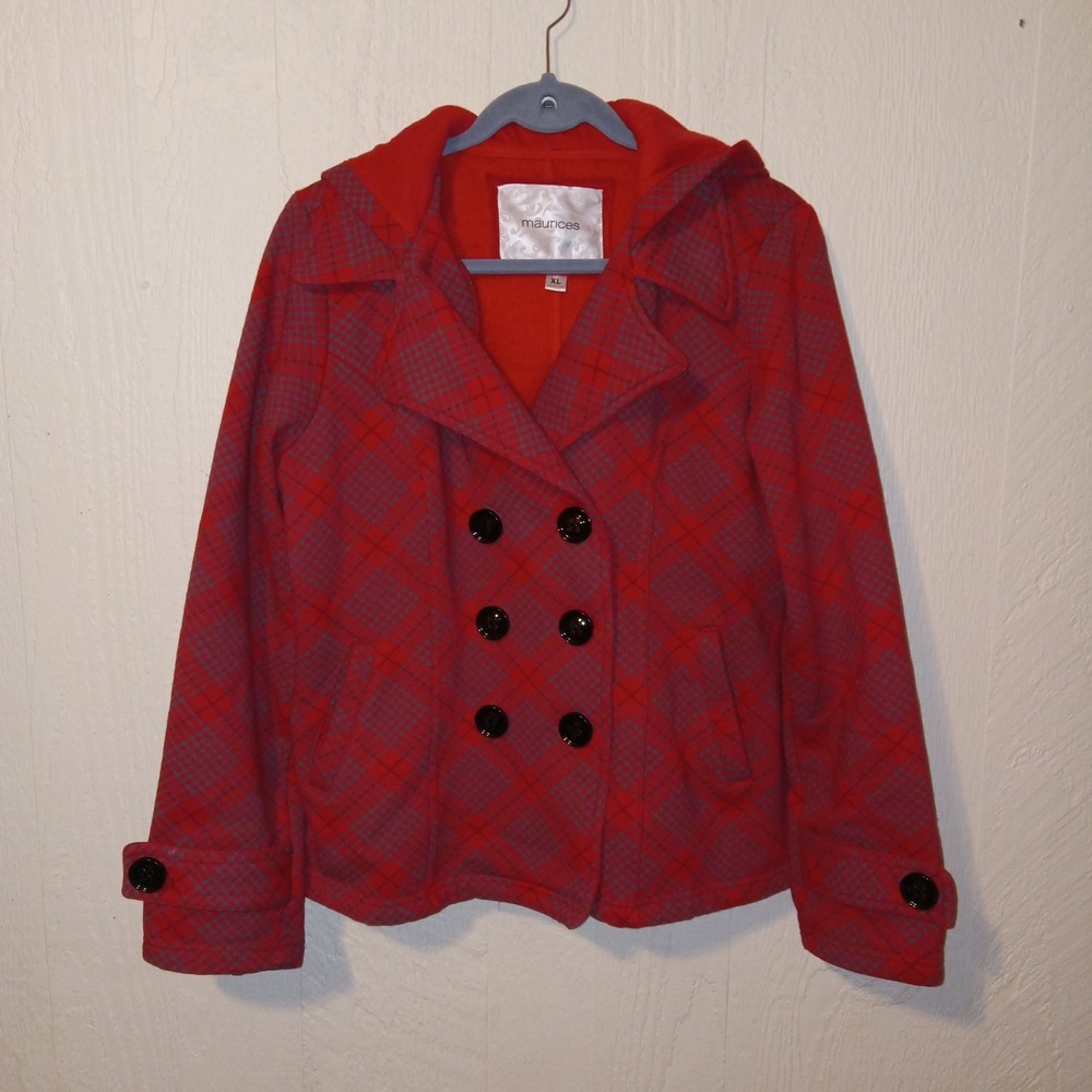 Maurices Pea Coat Women XL Red Plaid Double Breasted Hooded Fleece Jacket